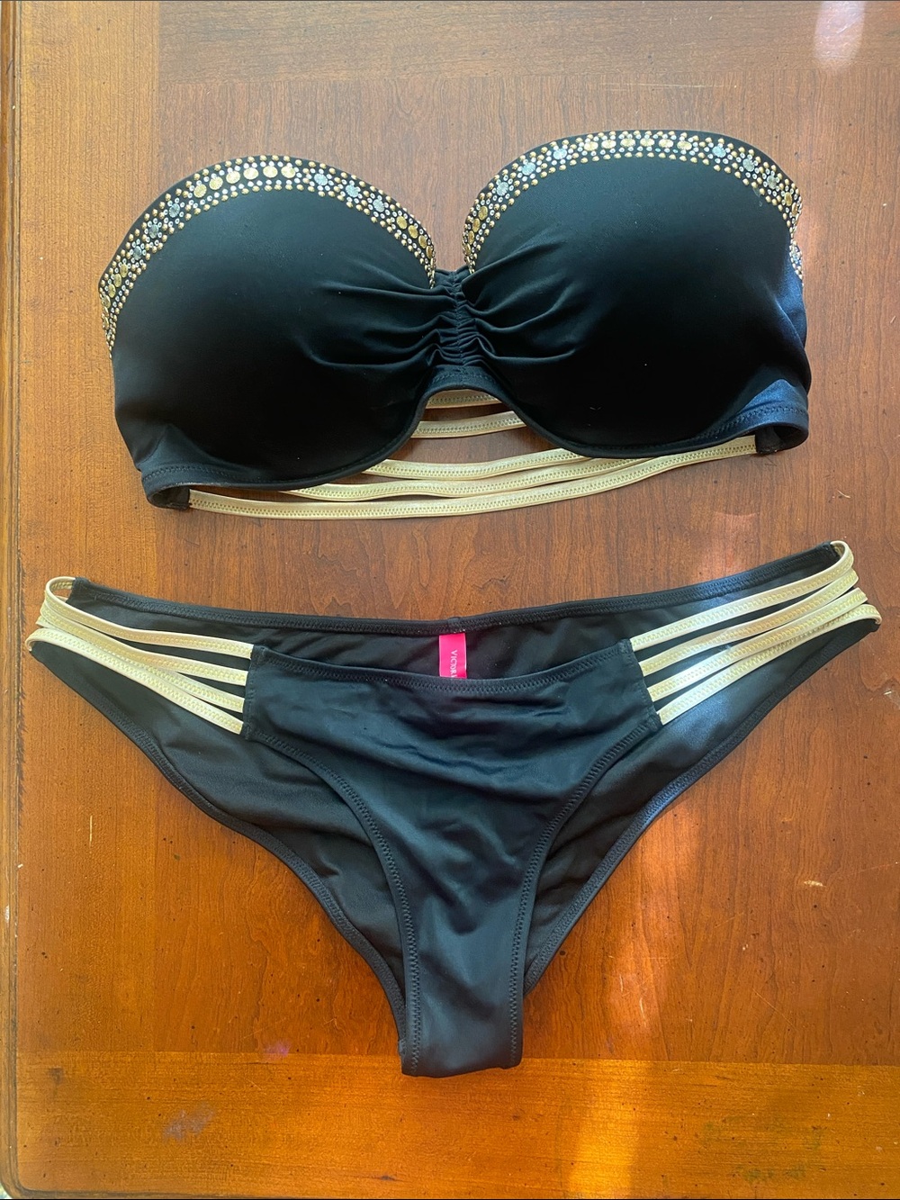 Victoria's Secret Black Bandeau Bikini with Gold Accents